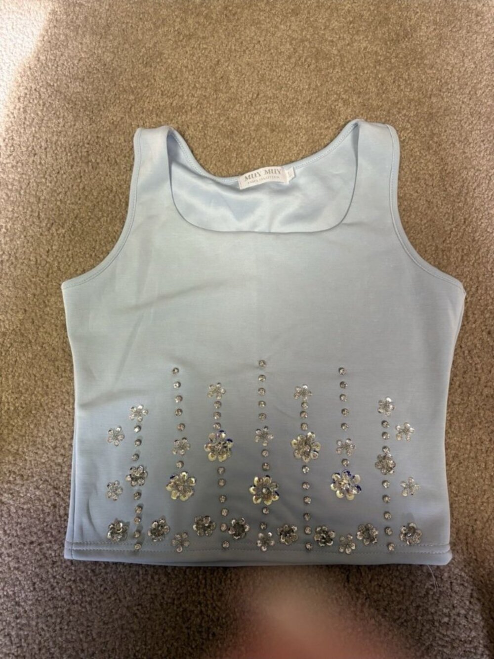 Muy Muy Sky Blue Embellished Rhinestone Sequin Crop Tank Top Sz Large NWOT